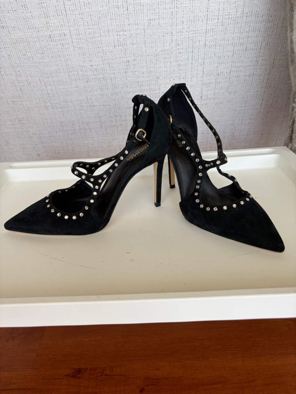 Michael Kors Black Studded Pointed-Toe Ankle-Strap Heels